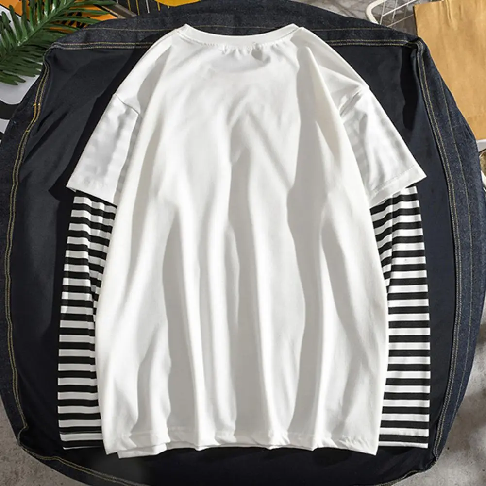 Fake Two Piece Long Sleeve T-shirt Men European And American Round Neck Striped Casual Long Sleeved T-shirt Breathable Men Tee