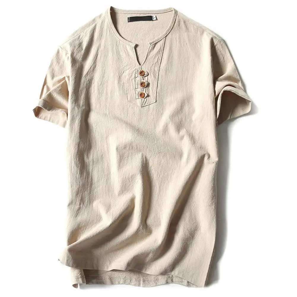 Cotton Men T shirt V Neck Buttons Decoration Short Sleeved Retro T shirt Soft Breathable All Match Summer Men Casual Tee