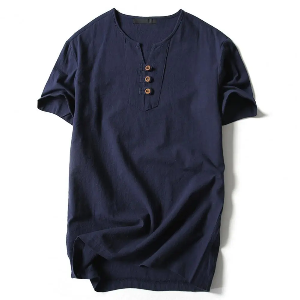 Cotton Men T shirt V Neck Buttons Decoration Short Sleeved Retro T shirt Soft Breathable All Match Summer Men Casual Tee