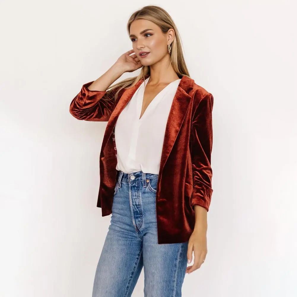 2025 New Autunn Women's Velvet Blazer Ruched 3/4 Sleeve Lapel Open Front Cardigan Ladies Office Business Coat Short Suit Jacket