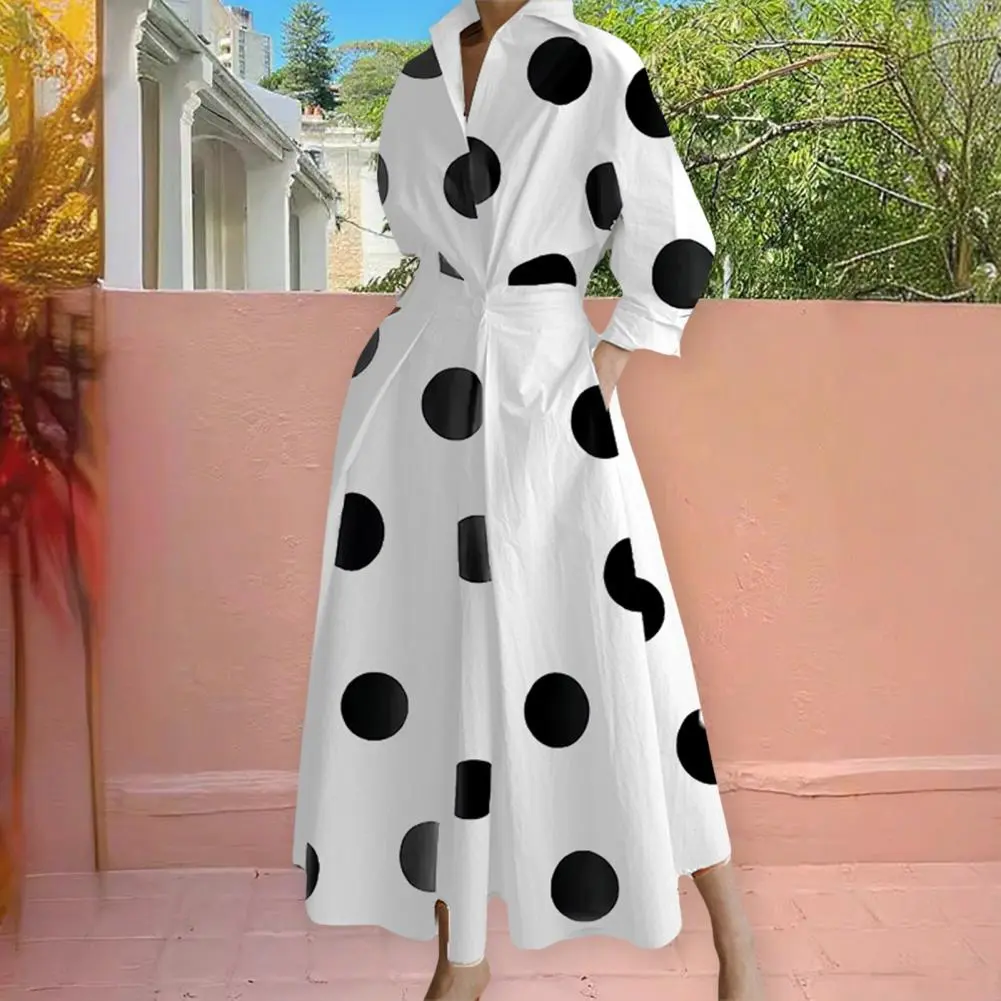 2025 Casual Loose Dress Elegant Women Dress Boho Polka Dot Maxi Dress with V-neck Collar Long Sleeves Women's Wrap for Women's