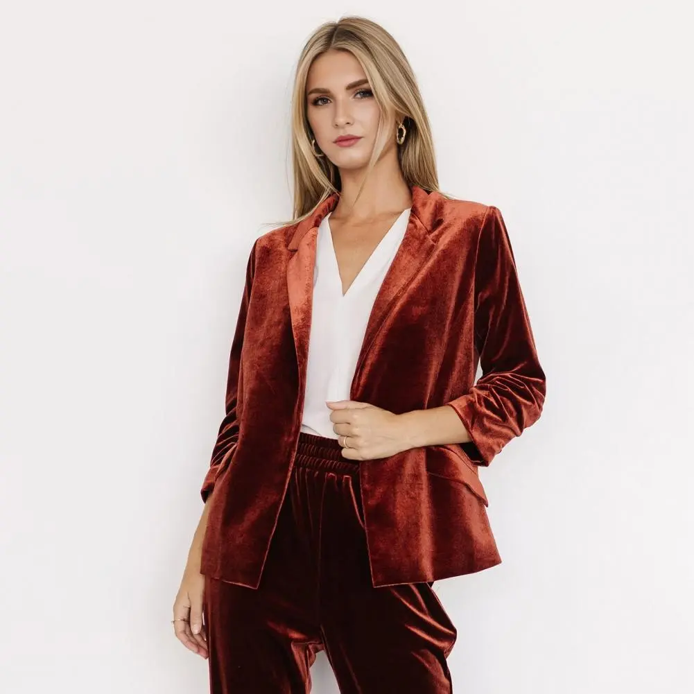 2025 New Autunn Women's Velvet Blazer Ruched 3/4 Sleeve Lapel Open Front Cardigan Ladies Office Business Coat Short Suit Jacket