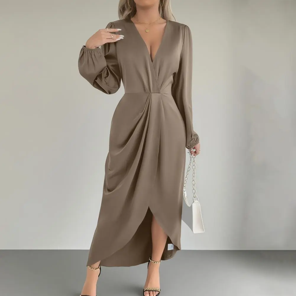 2025 Elegant Women's V-neck Long Sleeve Dress Satin Wrap Long Maxi Dress High Slit Party Dress Chic Cocktail Evening Gown