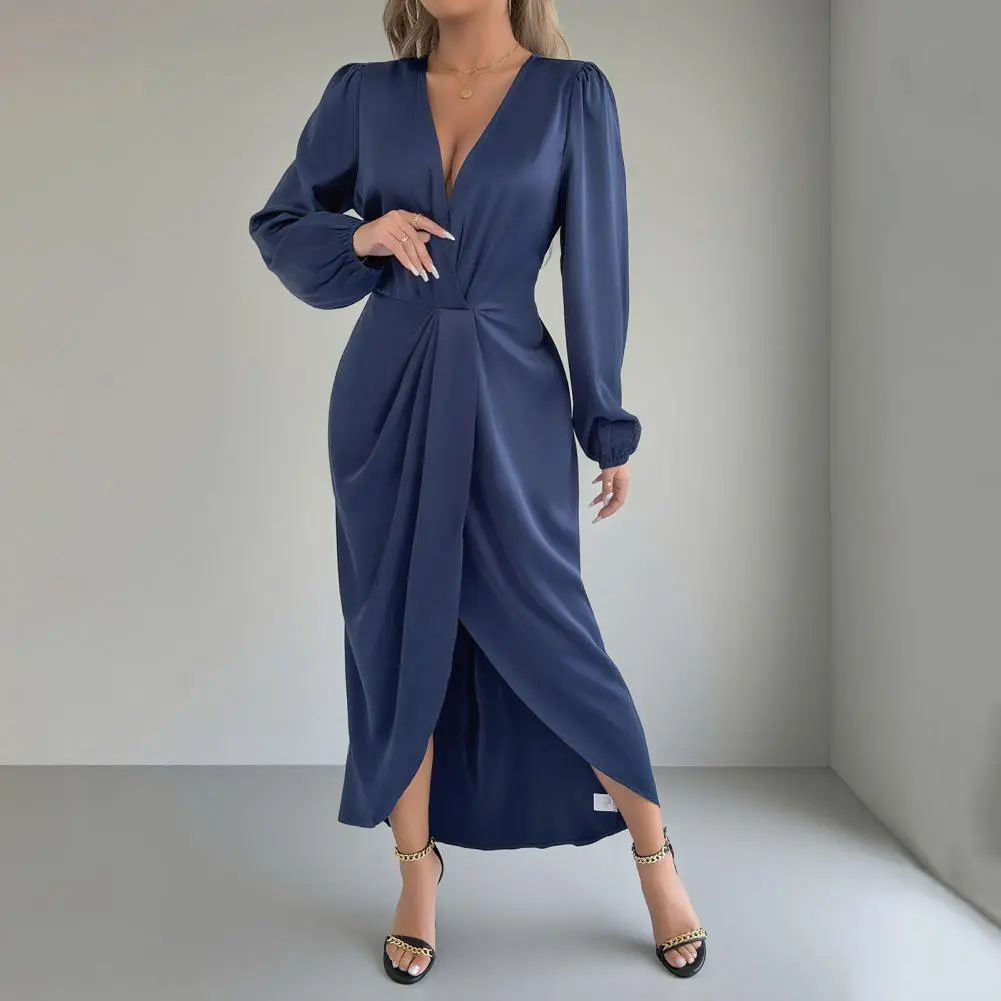 2025 Elegant Women's V-neck Long Sleeve Dress Satin Wrap Long Maxi Dress High Slit Party Dress Chic Cocktail Evening Gown