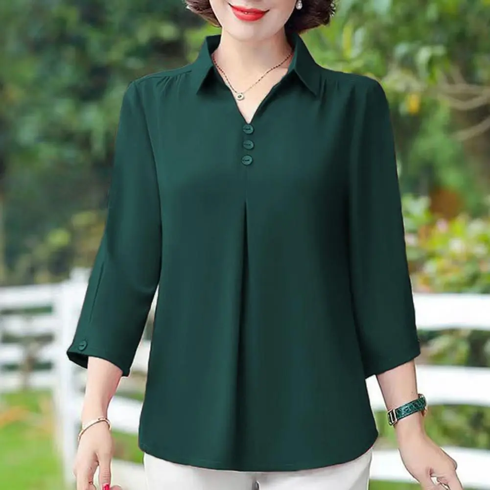 2025 Mother Summer Top Turn-down Collar Buttons Three-quarter Sleeves Pullover Mid-aged Plus Size Mom Spring T-shirt Women Cloth