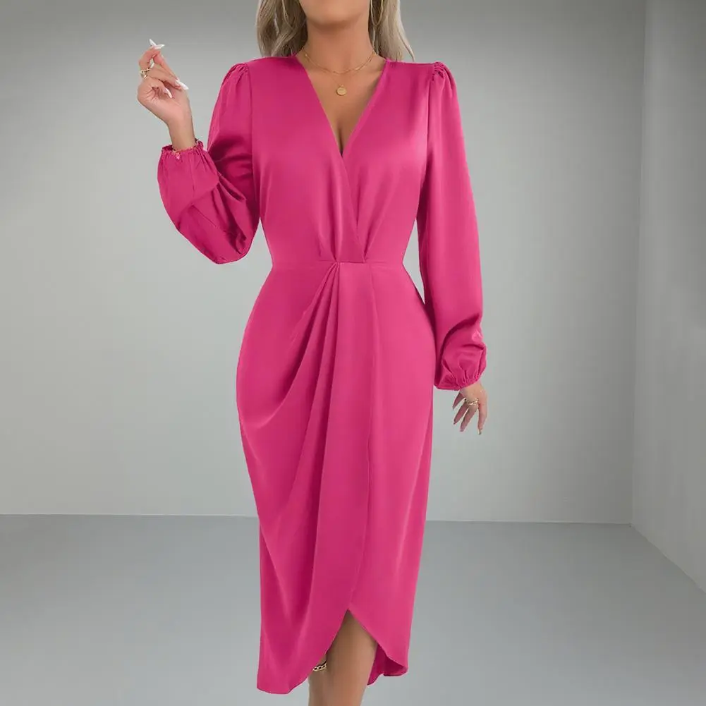 2025 Elegant Women's V-neck Long Sleeve Dress Satin Wrap Long Maxi Dress High Slit Party Dress Chic Cocktail Evening Gown