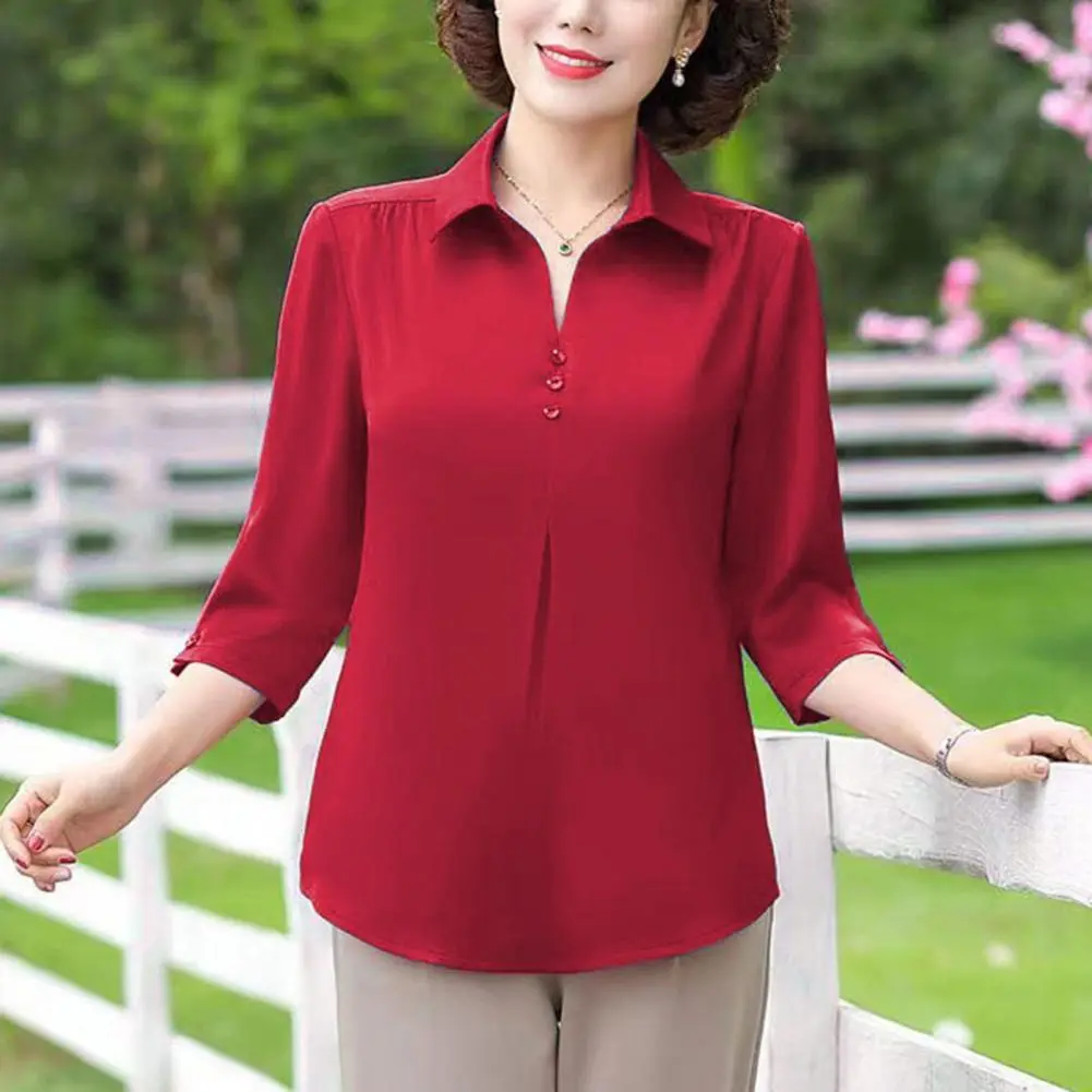 2025 Mother Summer Top Turn-down Collar Buttons Three-quarter Sleeves Pullover Mid-aged Plus Size Mom Spring T-shirt Women Cloth