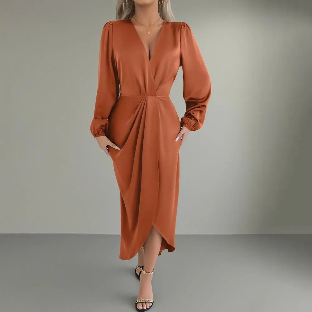 2025 Elegant Women's V-neck Long Sleeve Dress Satin Wrap Long Maxi Dress High Slit Party Dress Chic Cocktail Evening Gown