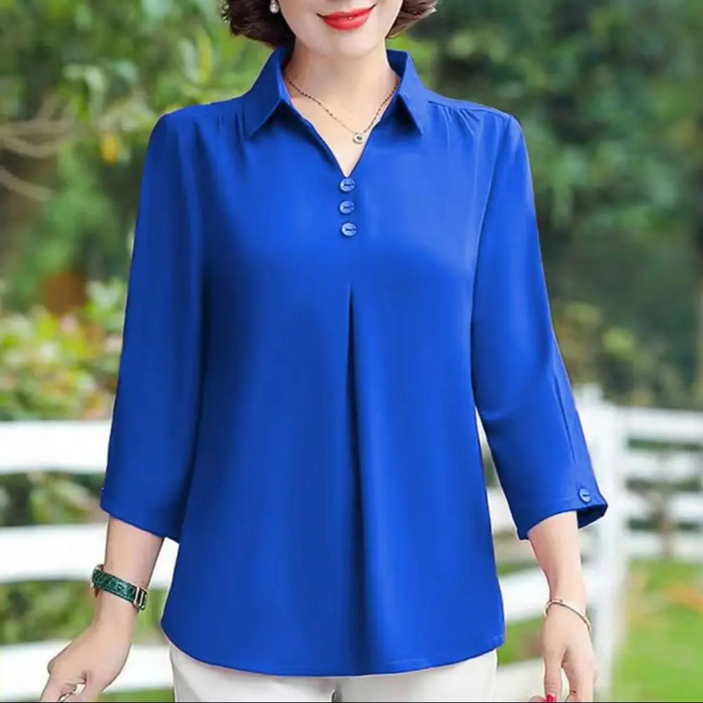2025 Mother Summer Top Turn-down Collar Buttons Three-quarter Sleeves Pullover Mid-aged Plus Size Mom Spring T-shirt Women Cloth