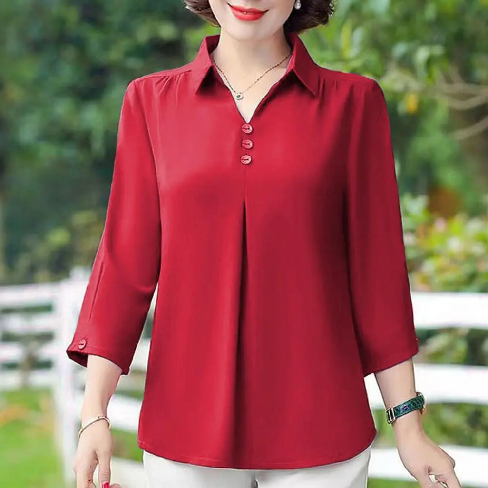 2025 Mother Summer Top Turn-down Collar Buttons Three-quarter Sleeves Pullover Mid-aged Plus Size Mom Spring T-shirt Women Cloth