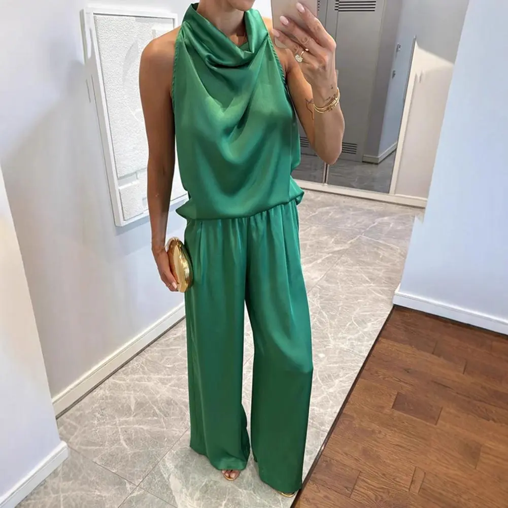 2025 Spring Summer Autumn Lounge Set Women 2 Piece Satin Outfits Halter Neck Sleeveless Top And Wide Leg Pants Set Casual  Set
