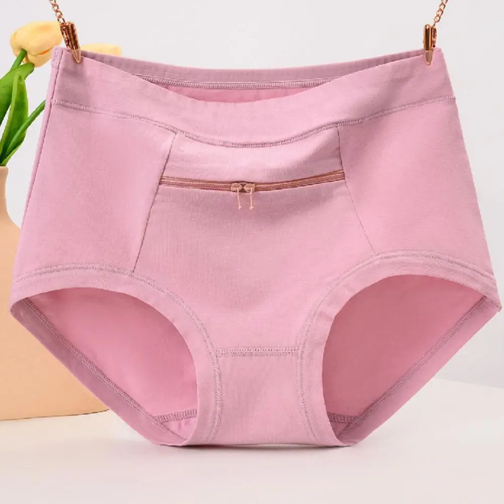 2025 Women Seamless Briefs Anti-theft Zipper Pocket Underwear High Waist Stretch Breathable Cotton Middle-aged Grandma Panties