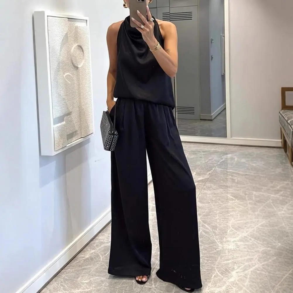 2025 Spring Summer Autumn Lounge Set Women 2 Piece Satin Outfits Halter Neck Sleeveless Top And Wide Leg Pants Set Casual  Set