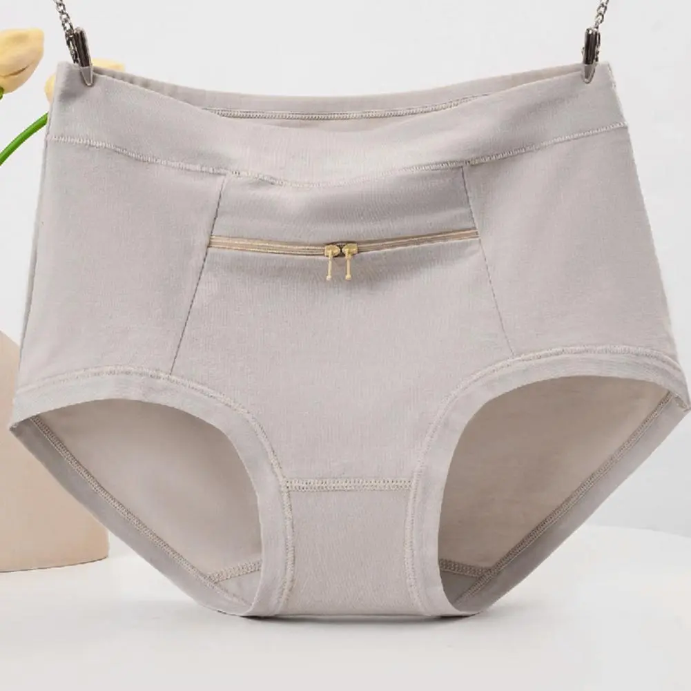 2025 Women Seamless Briefs Anti-theft Zipper Pocket Underwear High Waist Stretch Breathable Cotton Middle-aged Grandma Panties