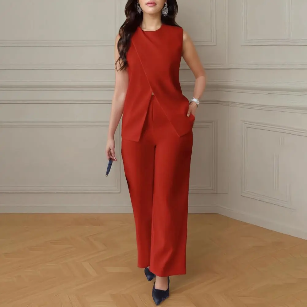 Women Two-piece Suit Tank Top Pants Suit Sleeveless Top Wide Leg Trousers Casual Set (including Waist Belt, Color Random) 2025