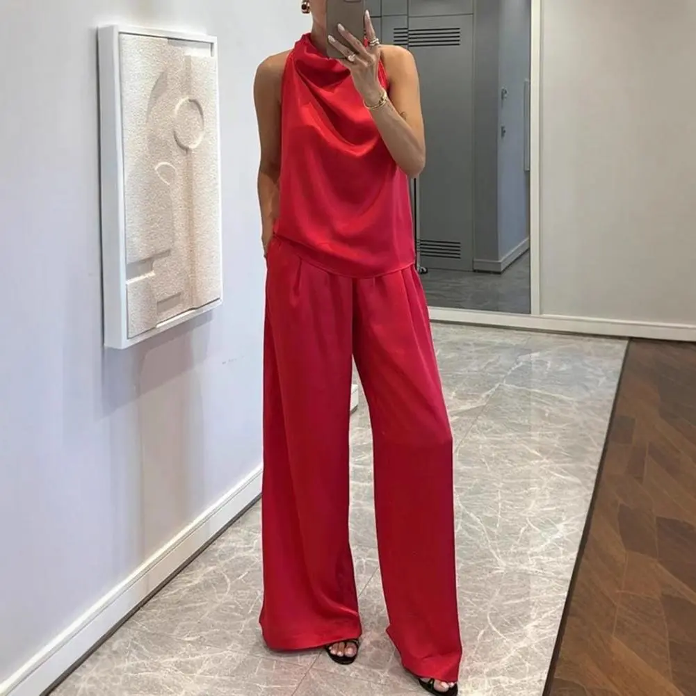 2025 Spring Summer Autumn Lounge Set Women 2 Piece Satin Outfits Halter Neck Sleeveless Top And Wide Leg Pants Set Casual  Set