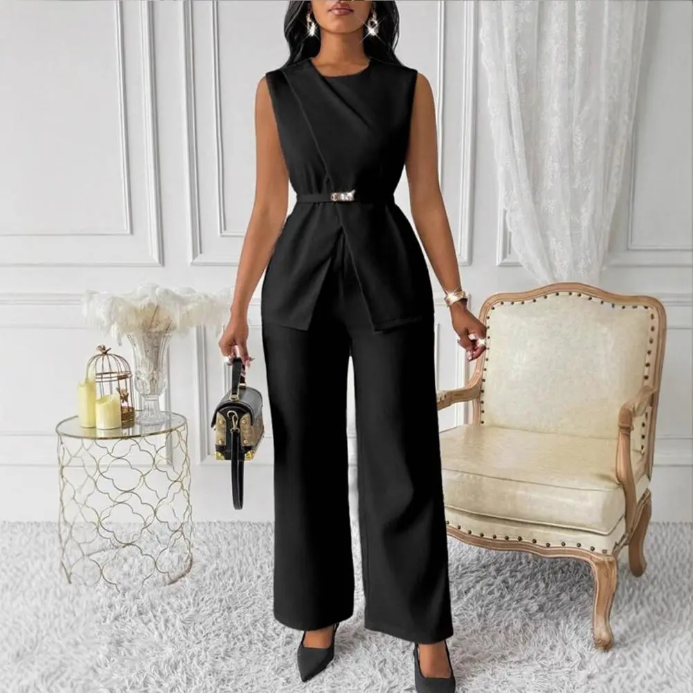 Women Two-piece Suit Tank Top Pants Suit Sleeveless Top Wide Leg Trousers Casual Set (including Waist Belt, Color Random) 2025