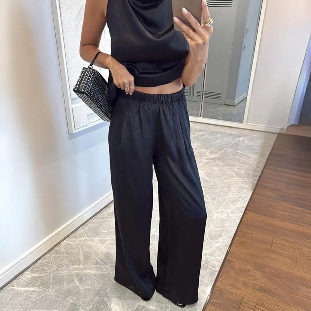 2025 Spring Summer Autumn Lounge Set Women 2 Piece Satin Outfits Halter Neck Sleeveless Top And Wide Leg Pants Set Casual  Set
