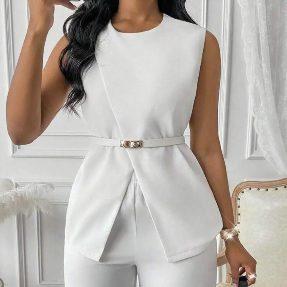 Women Two-piece Suit Tank Top Pants Suit Sleeveless Top Wide Leg Trousers Casual Set (including Waist Belt, Color Random) 2025
