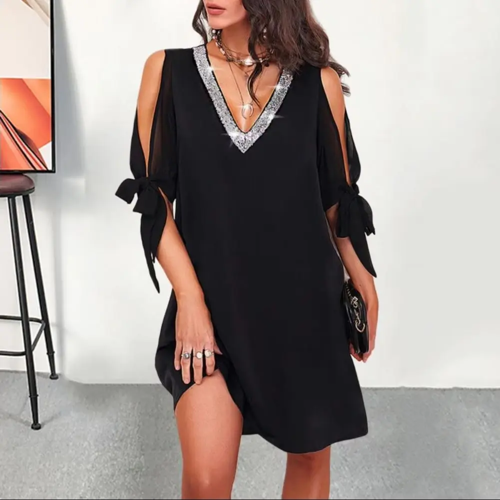 2025 Shiny Sequin Women Summer Dress Shiny Sequin Deep V Neck Knot Patchwork Office Lady Party Mini Dress Women Clothes