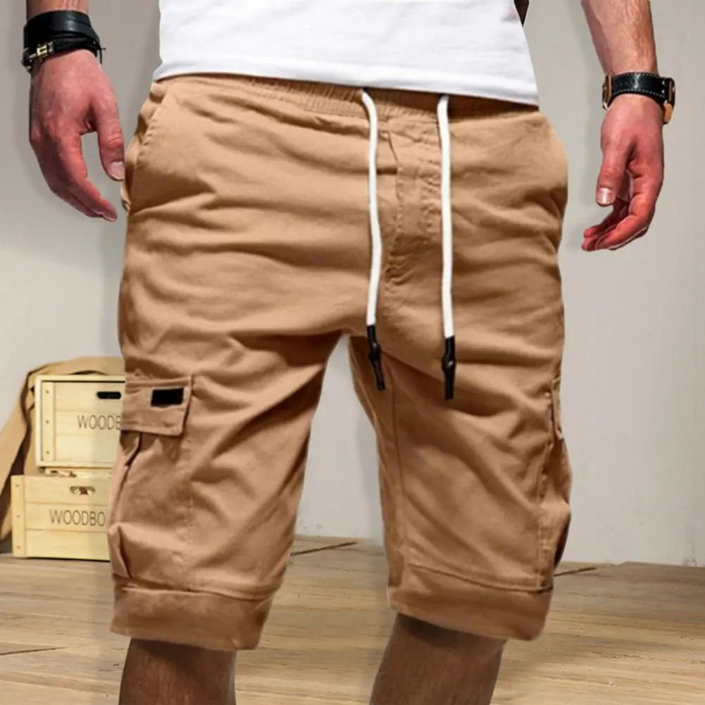 2025 Men Shorts Mid-Rise Elastic Waistband Drawstring Multi Pockets Men Shorts Solid Color Loose Fitness Cargo Shorts Streetwear