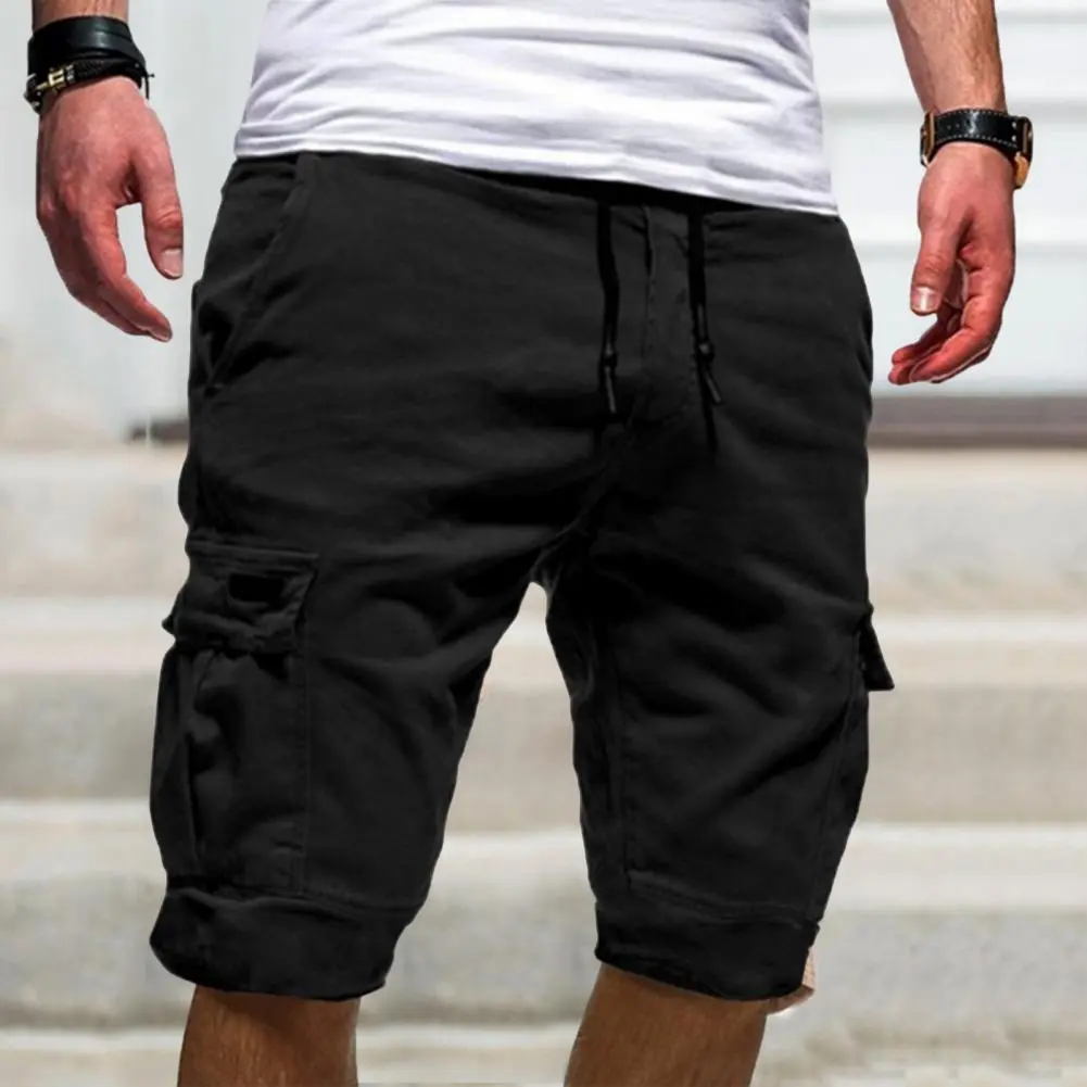 2025 Men Shorts Mid-Rise Elastic Waistband Drawstring Multi Pockets Men Shorts Solid Color Loose Fitness Cargo Shorts Streetwear