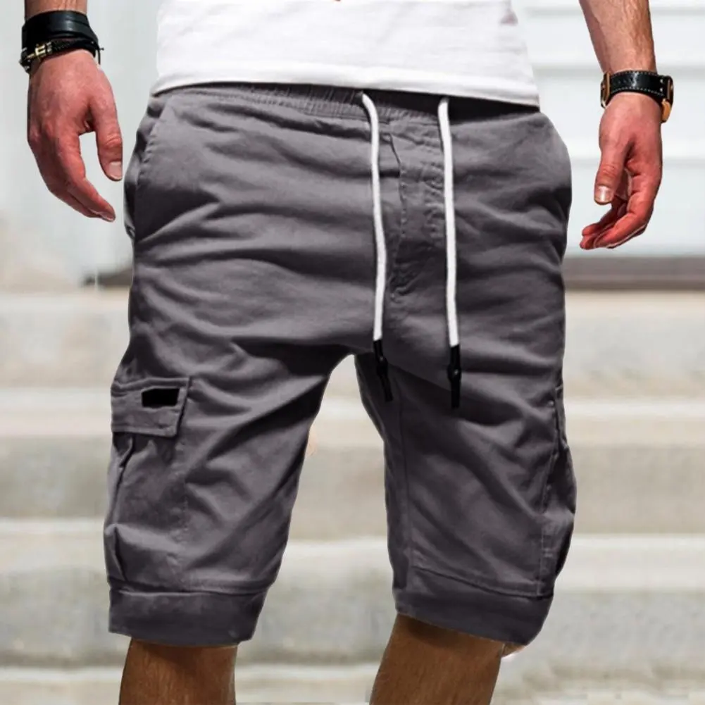 2025 Men Shorts Mid-Rise Elastic Waistband Drawstring Multi Pockets Men Shorts Solid Color Loose Fitness Cargo Shorts Streetwear