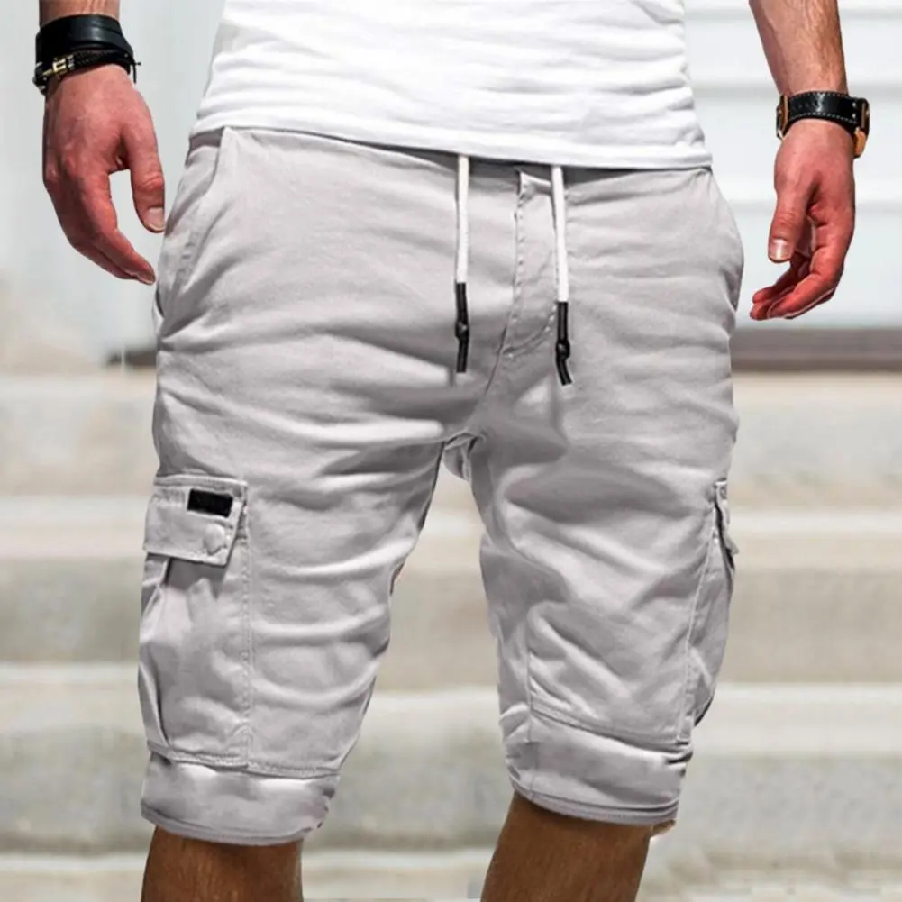 2025 Men Shorts Mid-Rise Elastic Waistband Drawstring Multi Pockets Men Shorts Solid Color Loose Fitness Cargo Shorts Streetwear