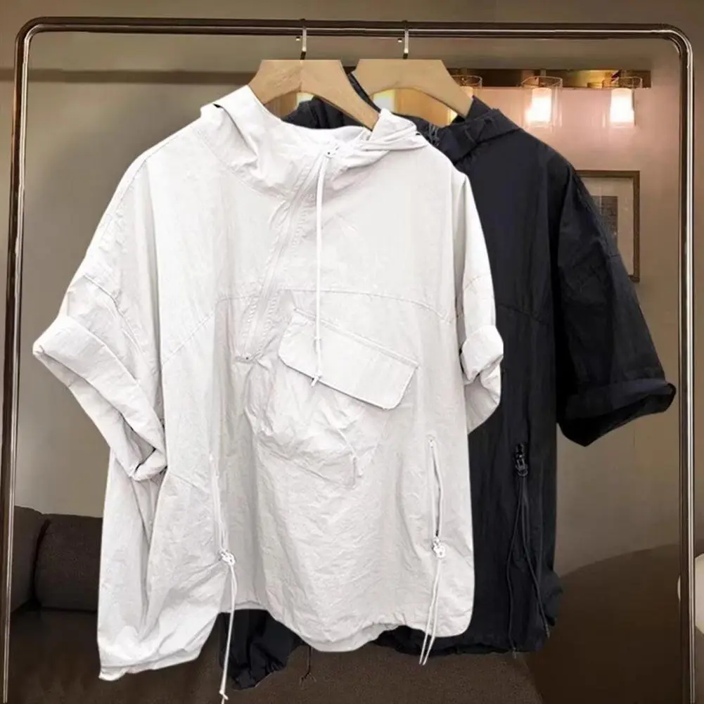 Men Zipper Shirt Hooded  Short Sleeve Quick-Dry Gym T-Shirt Sports Hoodie T Shirt Black 2024 Summer Top Tees Tshirt Streetwear