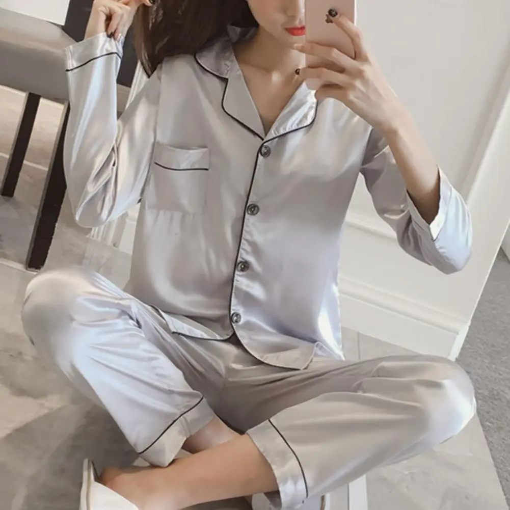 Women's Pajama Imitation Silk Satin Comfortable Long Sleeve Nighty Suit Pajama Lounge Pant Women Sleepwear Winter Nightclothes