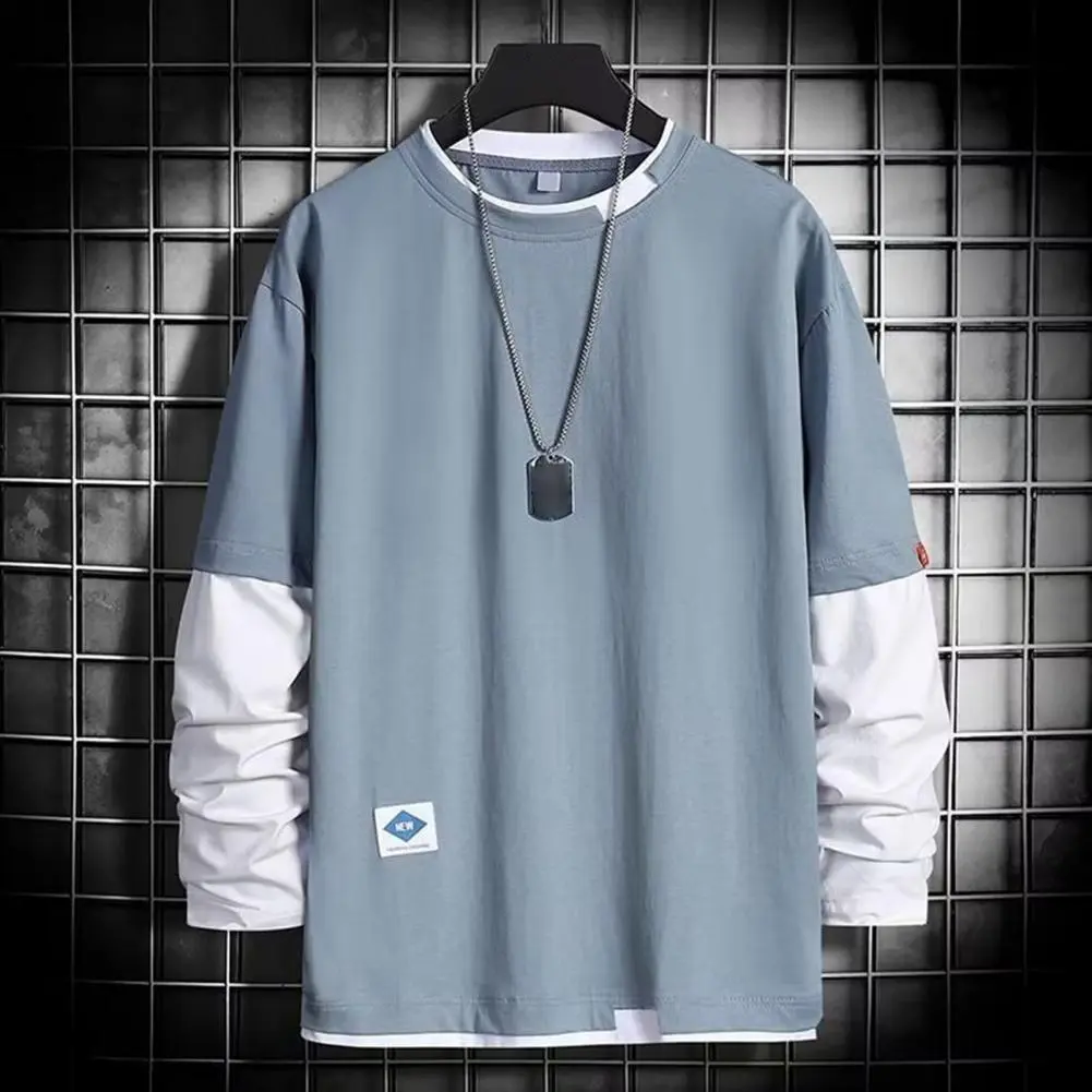 2025 Men Spring T-shirt Fake Two-piece Round Neck Long Sleeves Loose Pullover Keep Warm Contrast Color Friendly to Skin T-shirt