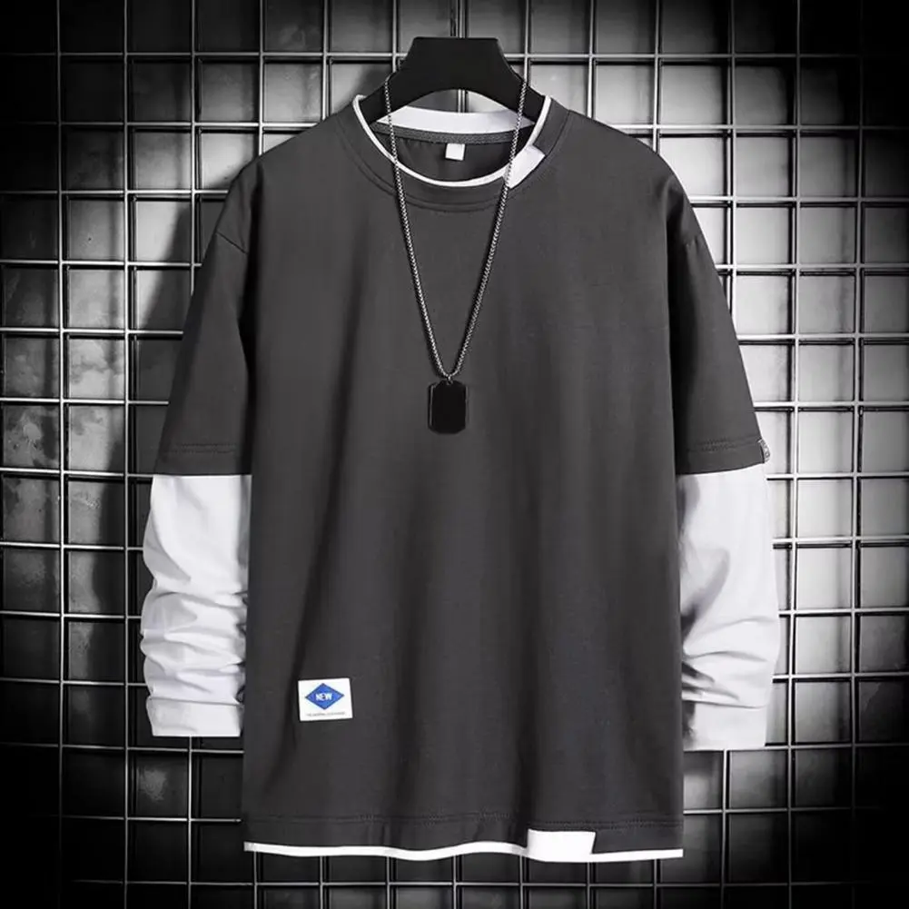 2025 Men Spring T-shirt Fake Two-piece Round Neck Long Sleeves Loose Pullover Keep Warm Contrast Color Friendly to Skin T-shirt