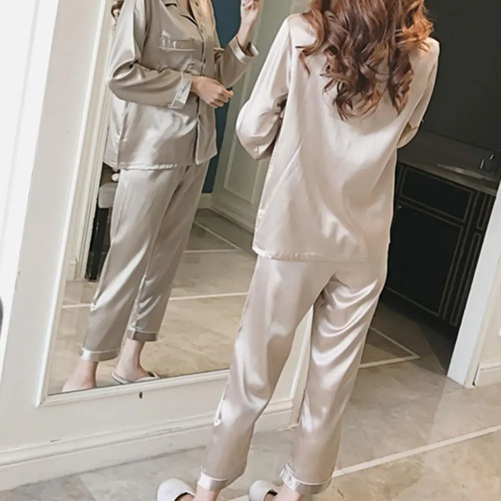 Women's Pajama Imitation Silk Satin Comfortable Long Sleeve Nighty Suit Pajama Lounge Pant Women Sleepwear Winter Nightclothes