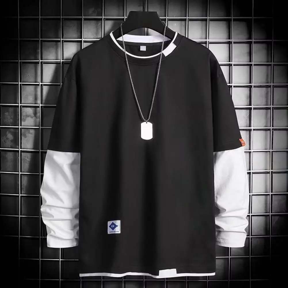 2025 Men Spring T-shirt Fake Two-piece Round Neck Long Sleeves Loose Pullover Keep Warm Contrast Color Friendly to Skin T-shirt