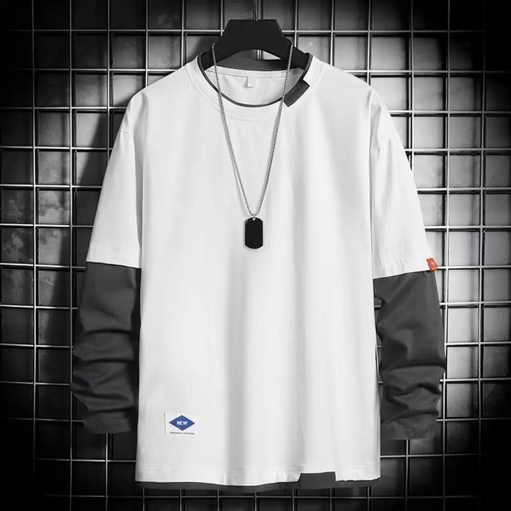 2025 Men Spring T-shirt Fake Two-piece Round Neck Long Sleeves Loose Pullover Keep Warm Contrast Color Friendly to Skin T-shirt