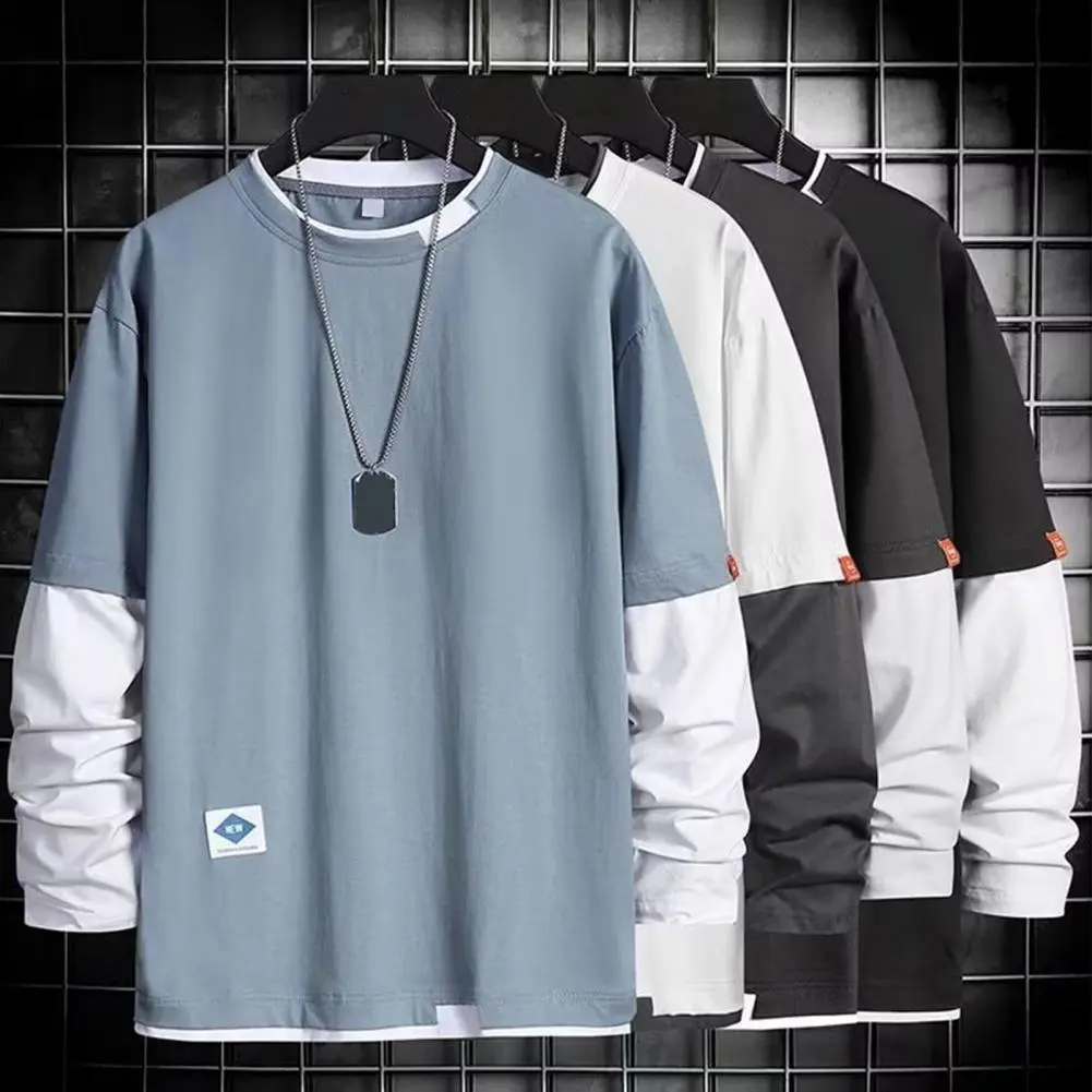 2025 Men Spring T-shirt Fake Two-piece Round Neck Long Sleeves Loose Pullover Keep Warm Contrast Color Friendly to Skin T-shirt
