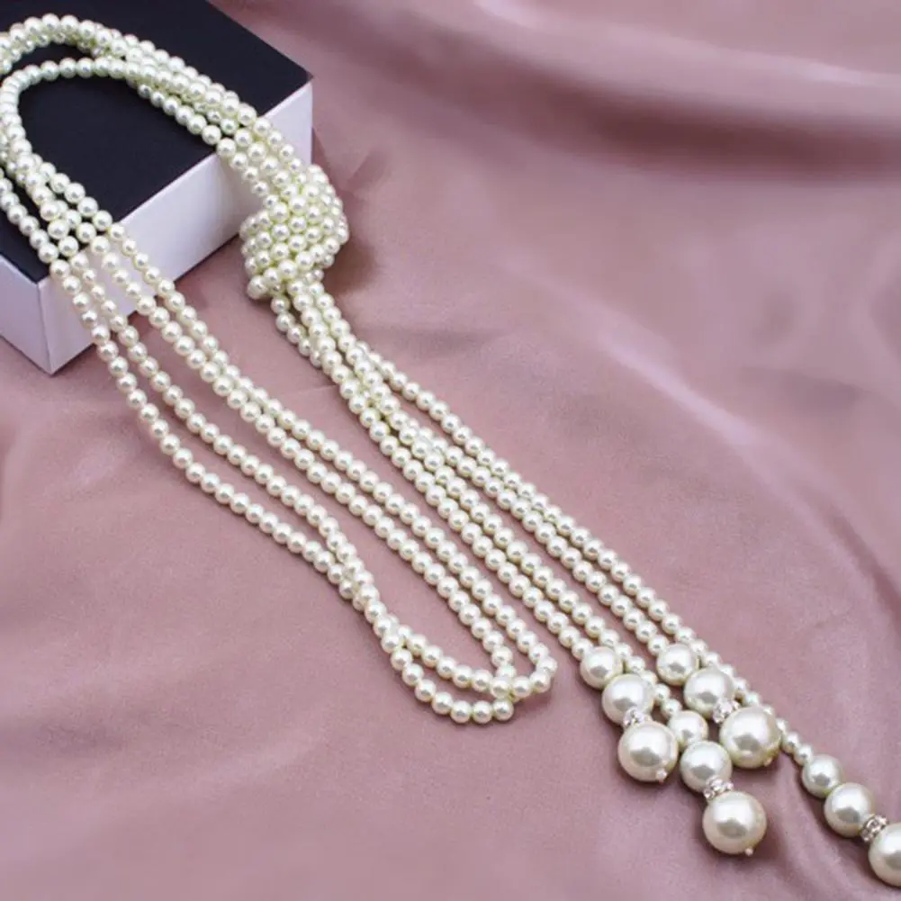 2025 Faux Pearl Necklace White Color Knotted Beaded Long Tassel Neck Chain Elegant Dress Sweater Necklace Accessories Jewelry
