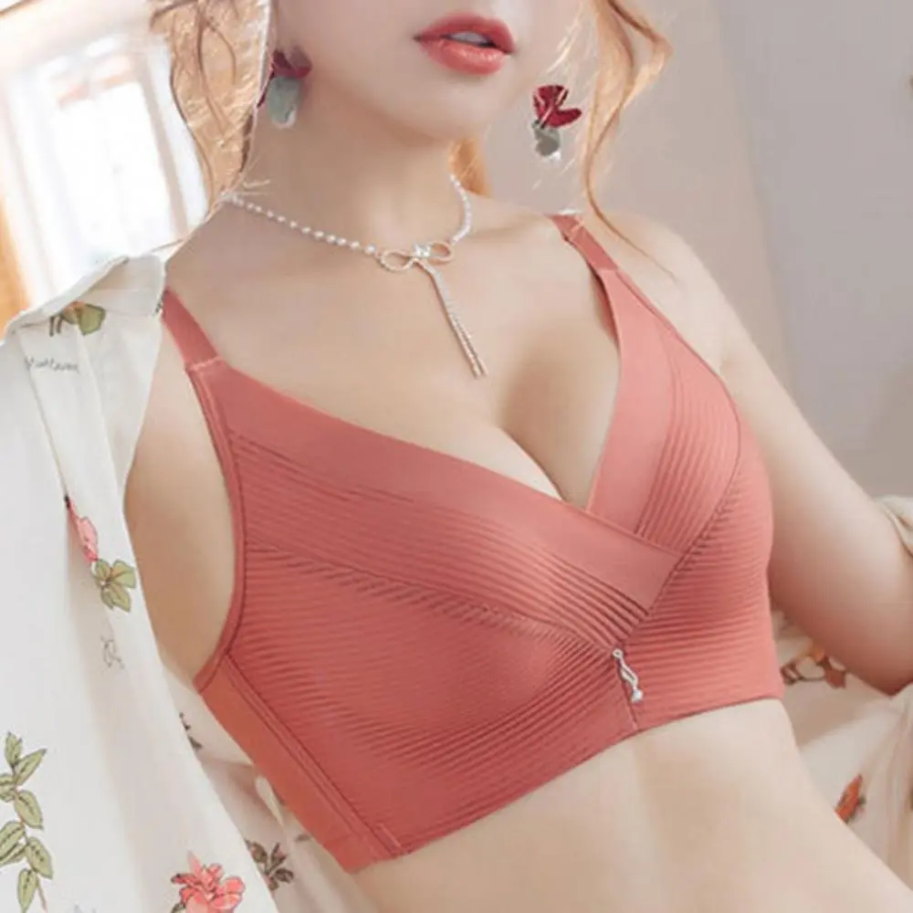 2025 Women Push Up Wireless Brassiere Seamless Bra Mesh Cross Brassiere Underwear Breathable Striped Lace Gathered Seamless Bra