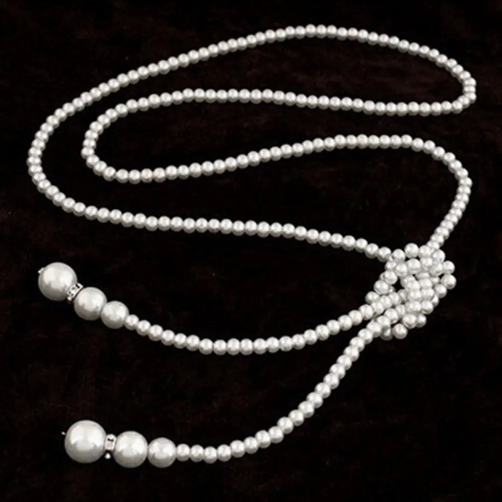 2025 Faux Pearl Necklace White Color Knotted Beaded Long Tassel Neck Chain Elegant Dress Sweater Necklace Accessories Jewelry