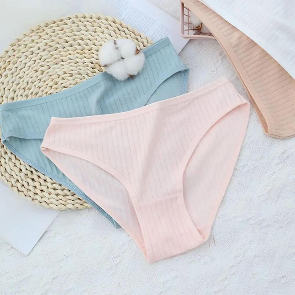 Women Cotton Underwear Ladies Ribbed Striped Brief Breathable Plus Stretchy Panties Low Waist Breathable Panties Lady Briefs