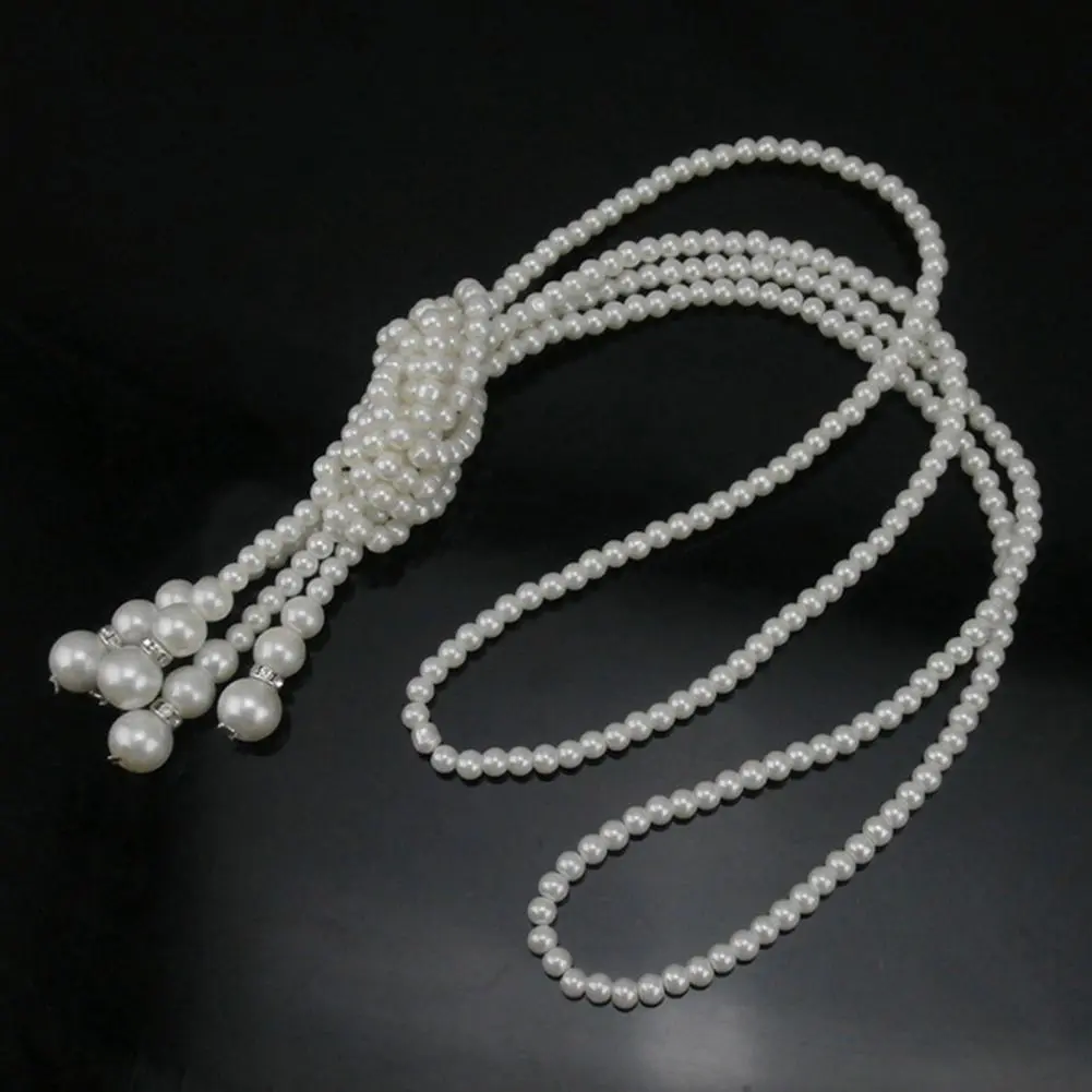 2025 Faux Pearl Necklace White Color Knotted Beaded Long Tassel Neck Chain Elegant Dress Sweater Necklace Accessories Jewelry