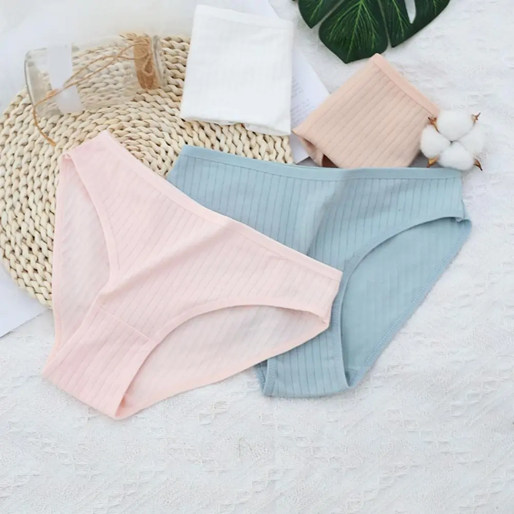 Women Cotton Underwear Ladies Ribbed Striped Brief Breathable Plus Stretchy Panties Low Waist Breathable Panties Lady Briefs
