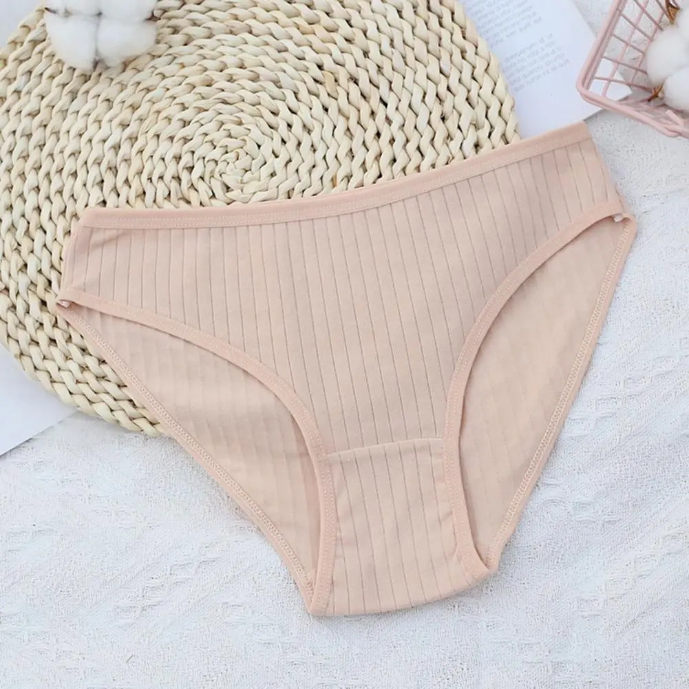 Women Cotton Underwear Ladies Ribbed Striped Brief Breathable Plus Stretchy Panties Low Waist Breathable Panties Lady Briefs