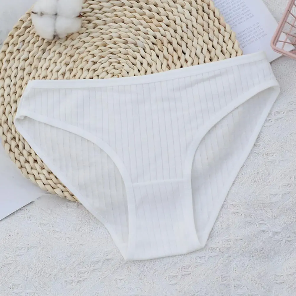 Women Cotton Underwear Ladies Ribbed Striped Brief Breathable Plus Stretchy Panties Low Waist Breathable Panties Lady Briefs