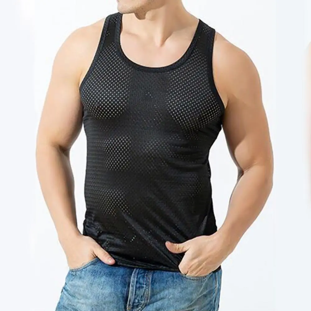 2025 Mesh Hole O Neck Hollow Out Men Tank Top Quick Drying Mesh Hole Breathable Sleeveless T Shirts Summer Cool Vest Tanks