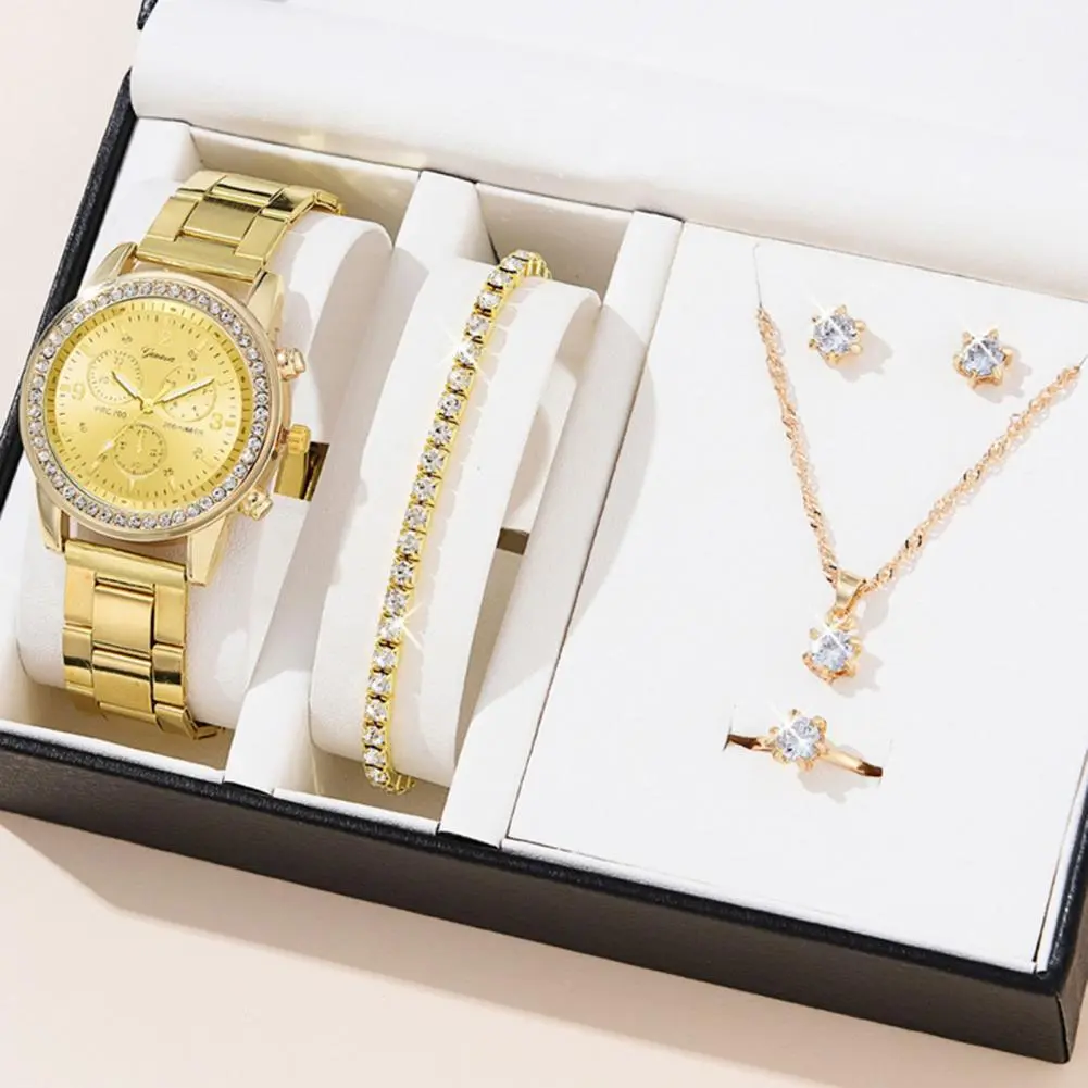 Rhinestone Watch Set Lady Necklace Ring Set Rhinestone Jewelry Set Watch Earrings Bracelet Necklace Ring Elegant Quartz Watch