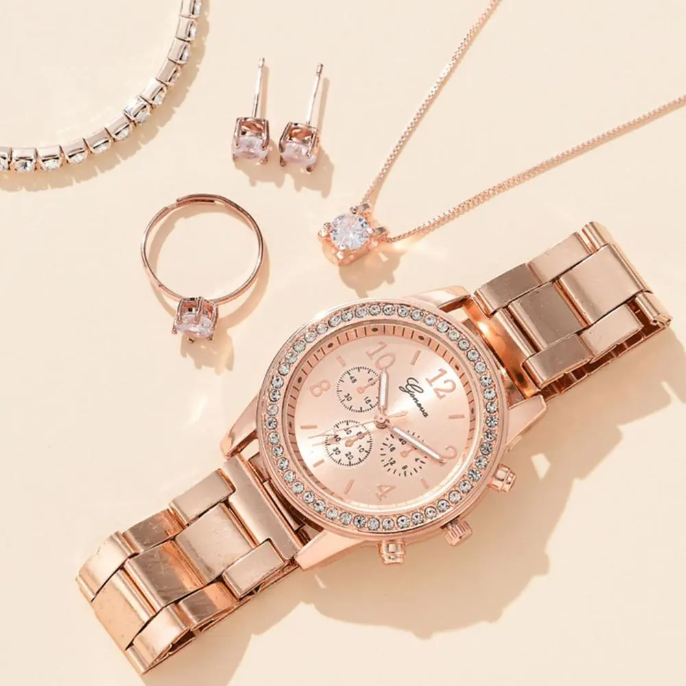 Rhinestone Watch Set Lady Necklace Ring Set Rhinestone Jewelry Set Watch Earrings Bracelet Necklace Ring Elegant Quartz Watch