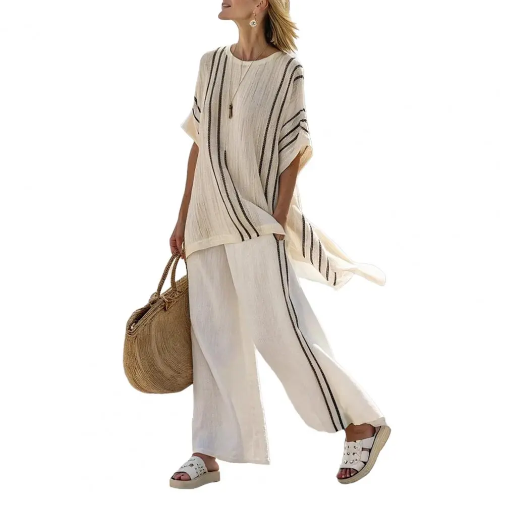 2025 Women Two-piece Set Versatile Polyester Outfit Striped 2 Piece Outfit Set with Crew Neck Top Wide for Women for Summer
