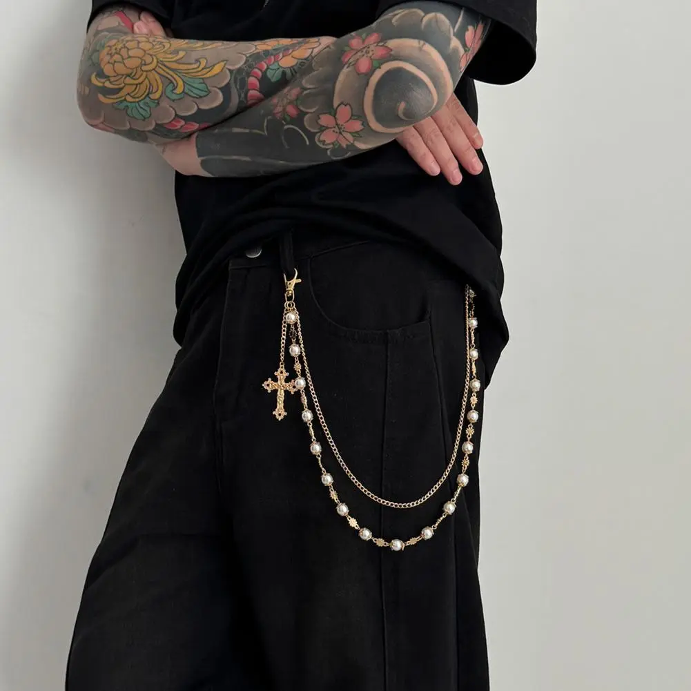 Pants Chain for Street Dancers Exquisite Metal Flower Detail Chain Multi-layered Hip-hop Style Wallet Chain with Faux for Pants
