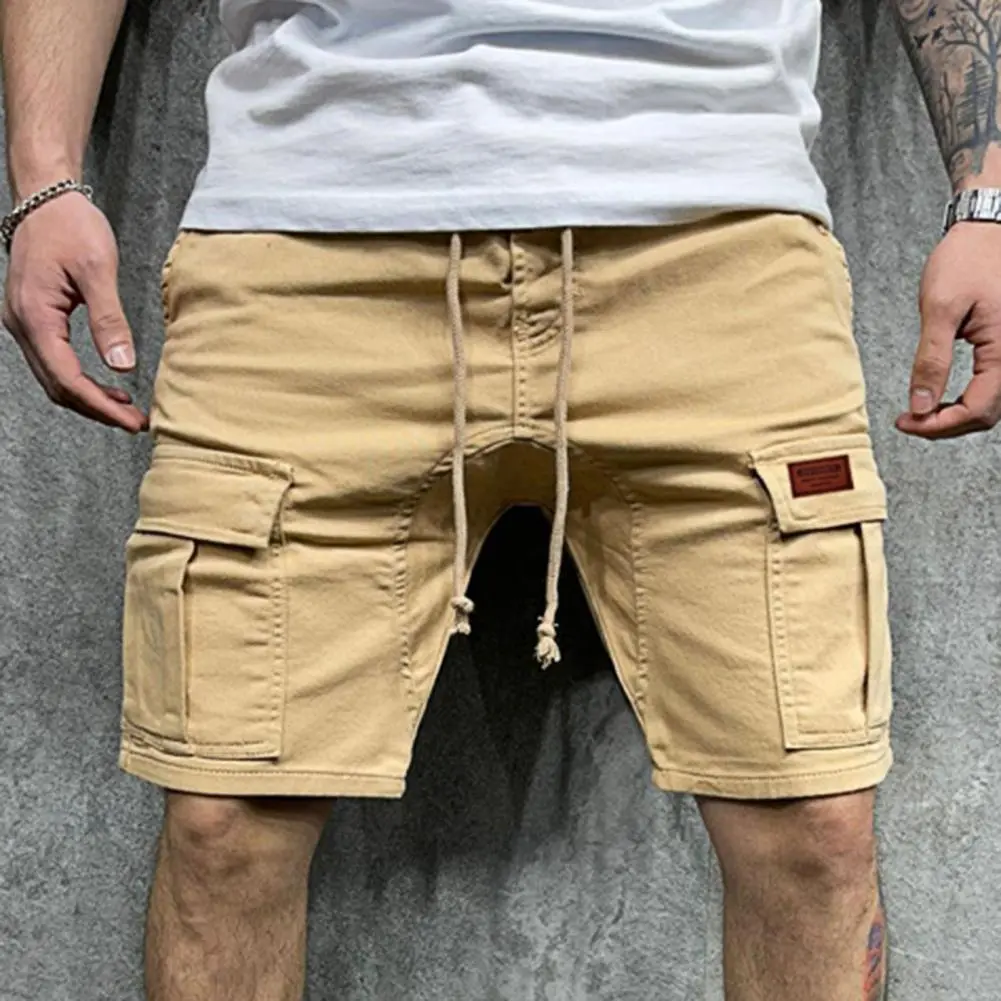 Men Shorts Drawstring Straight Wide Leg Multi Pockets Cargo Shorts Solid Color Vintage Mid Waistsports Casual Pants Sweatpants